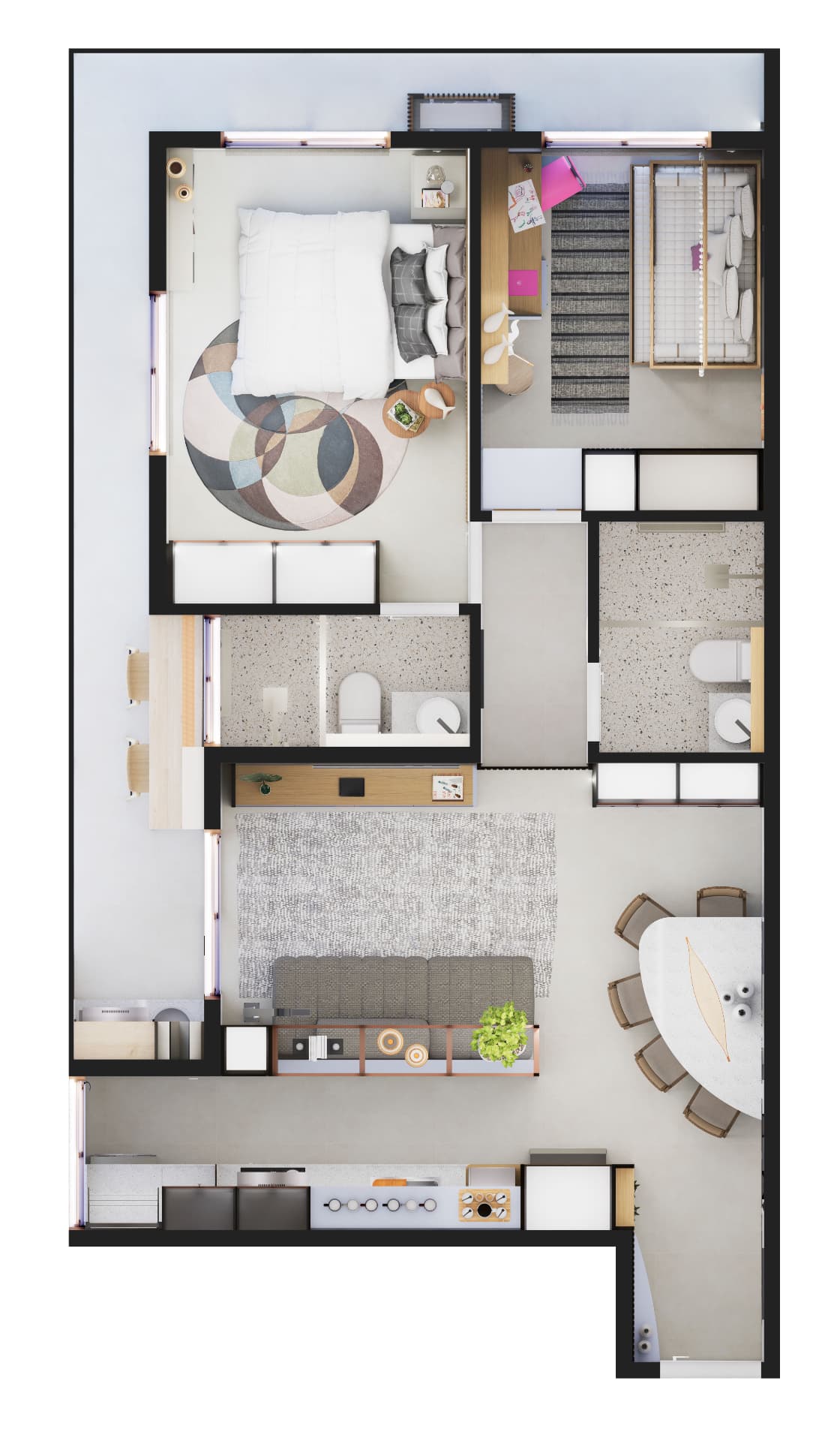 Planta ilustrada do apartamento de 70 m²
