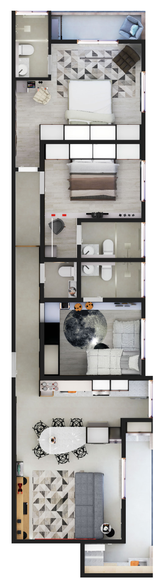 Planta ilustrada do apartamento de 96 m²