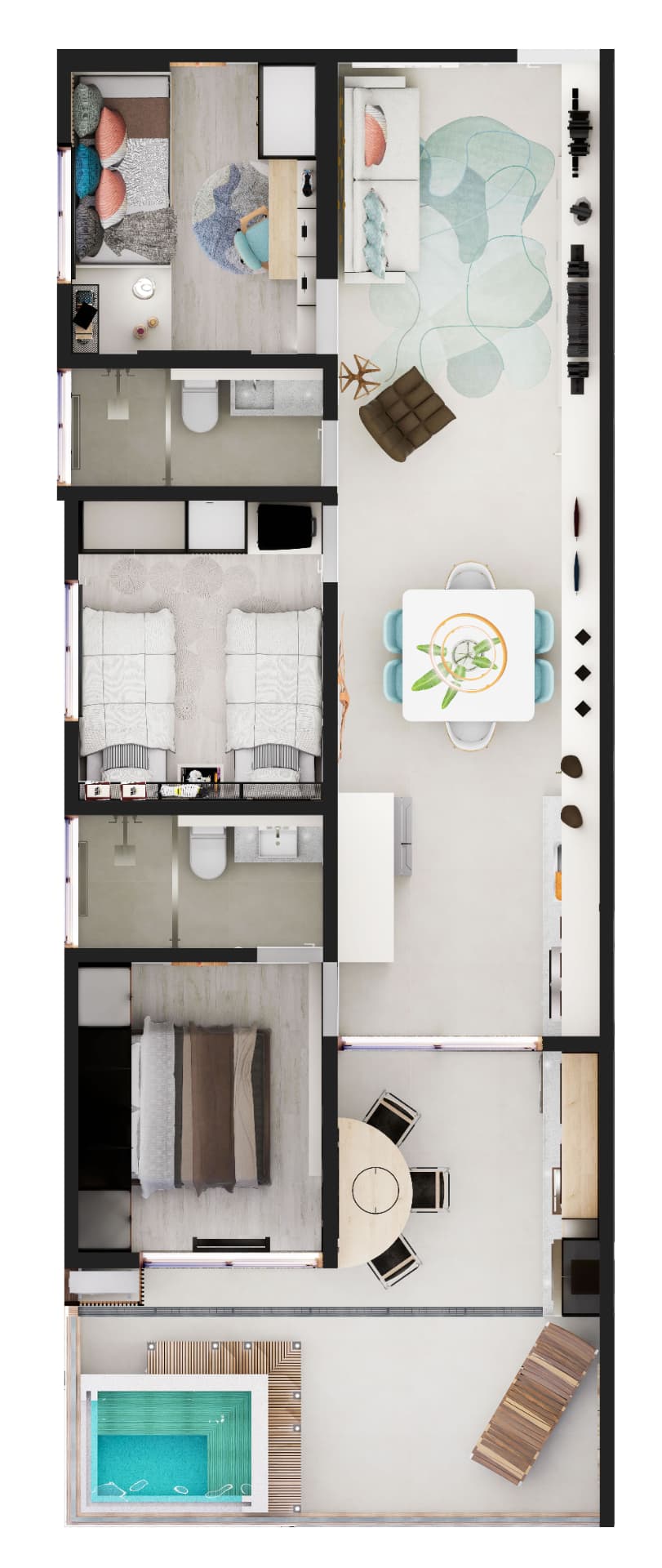 Planta ilustrada do apartamento de 90 m²