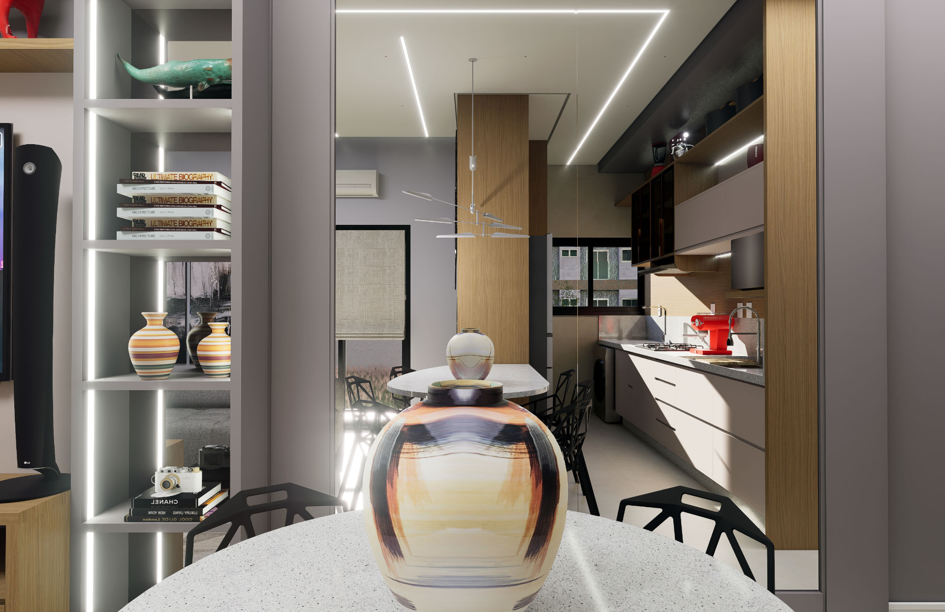 Estar e cozinha do apartamento de 96 m²